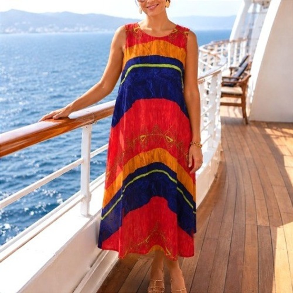 La Cera VTG 90s Blue Red Yellow Tribal Artist Boho Crepe Beachy Midi Dress L